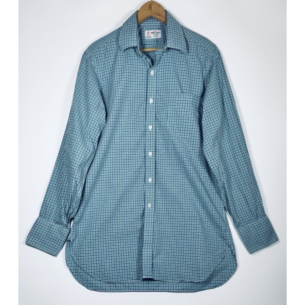 Turnbull and Asser Dress Shirt Mens 17.5 Green Blue Gingham Check Cotton England
